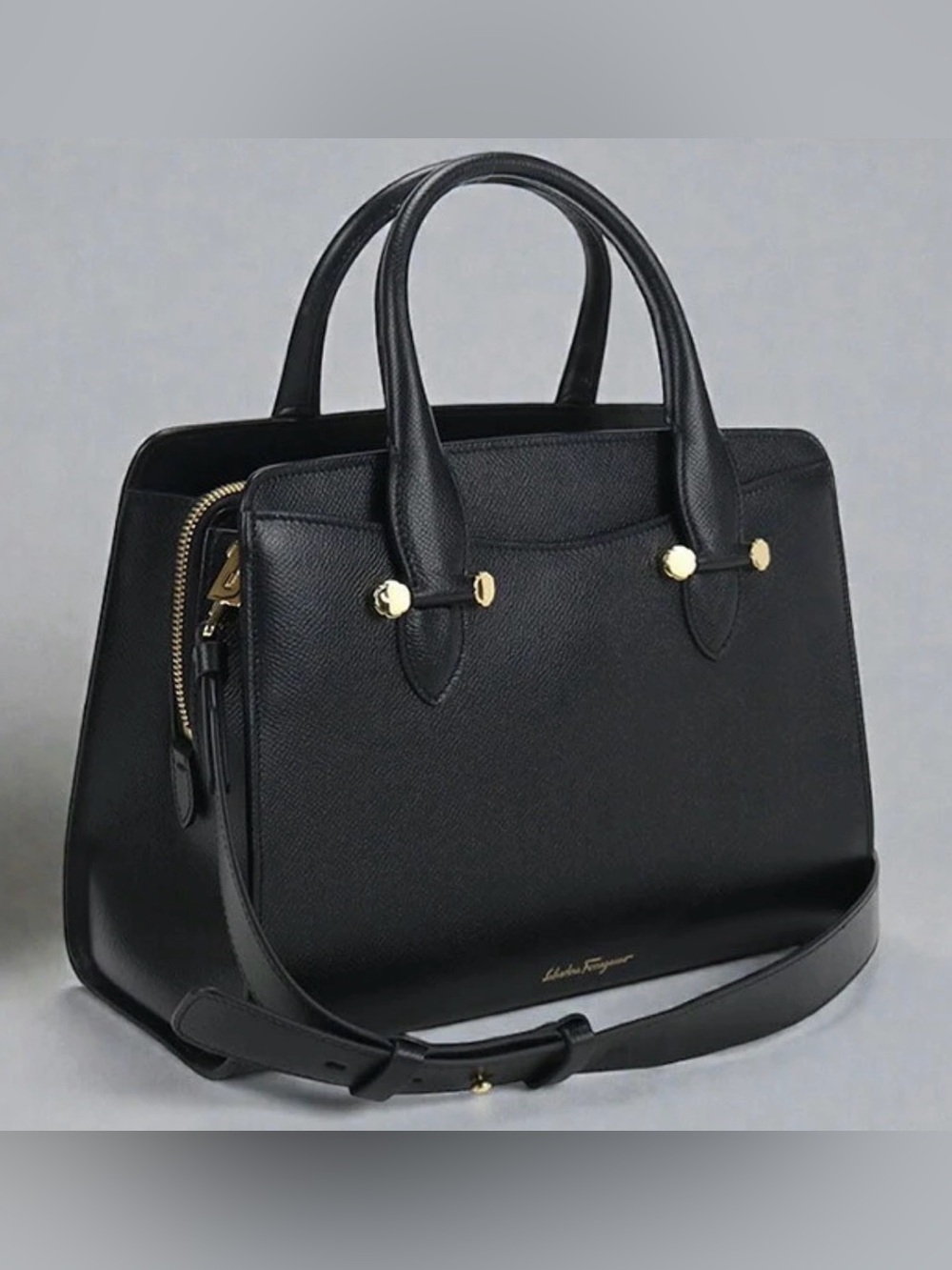 Salvatore Ferragamo Nero Black Leather Satchel with Gold Hardware